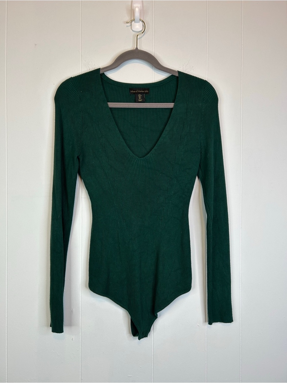 House of Harlow 1960 Large Ribbed V Neck Long Sleeve Bodysuit Forest Green 317